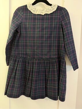 Bonpoint Girls' Navy Plaid Dress with Lace Collar size 6